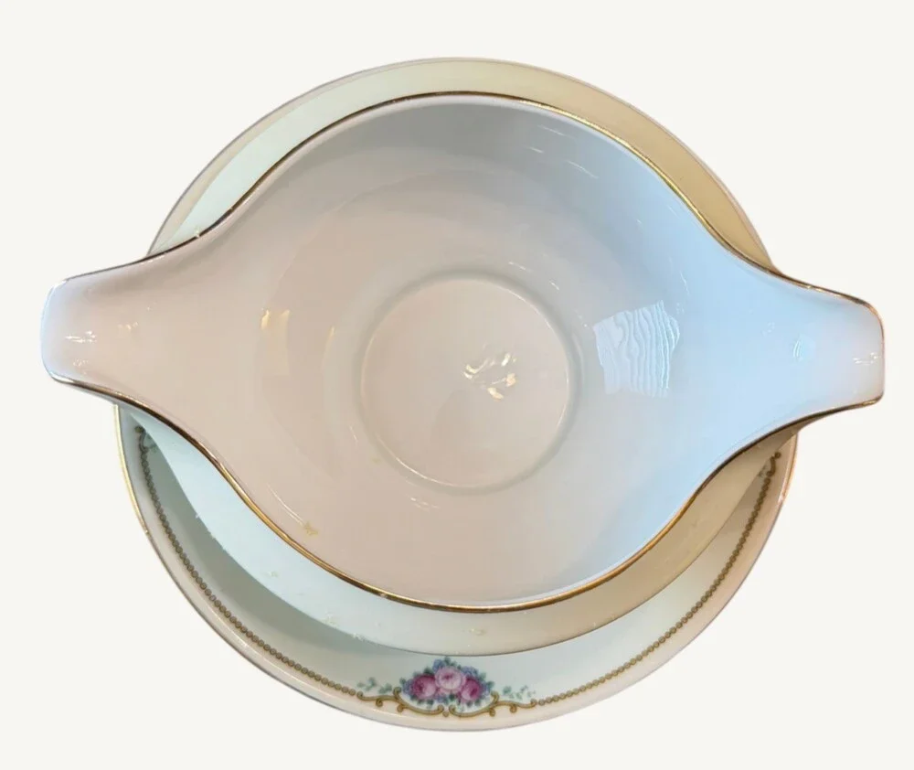 Vintage Thomas Bavaria Lakewood Gravy Boat Attached Underplate Floral Gold 7.25